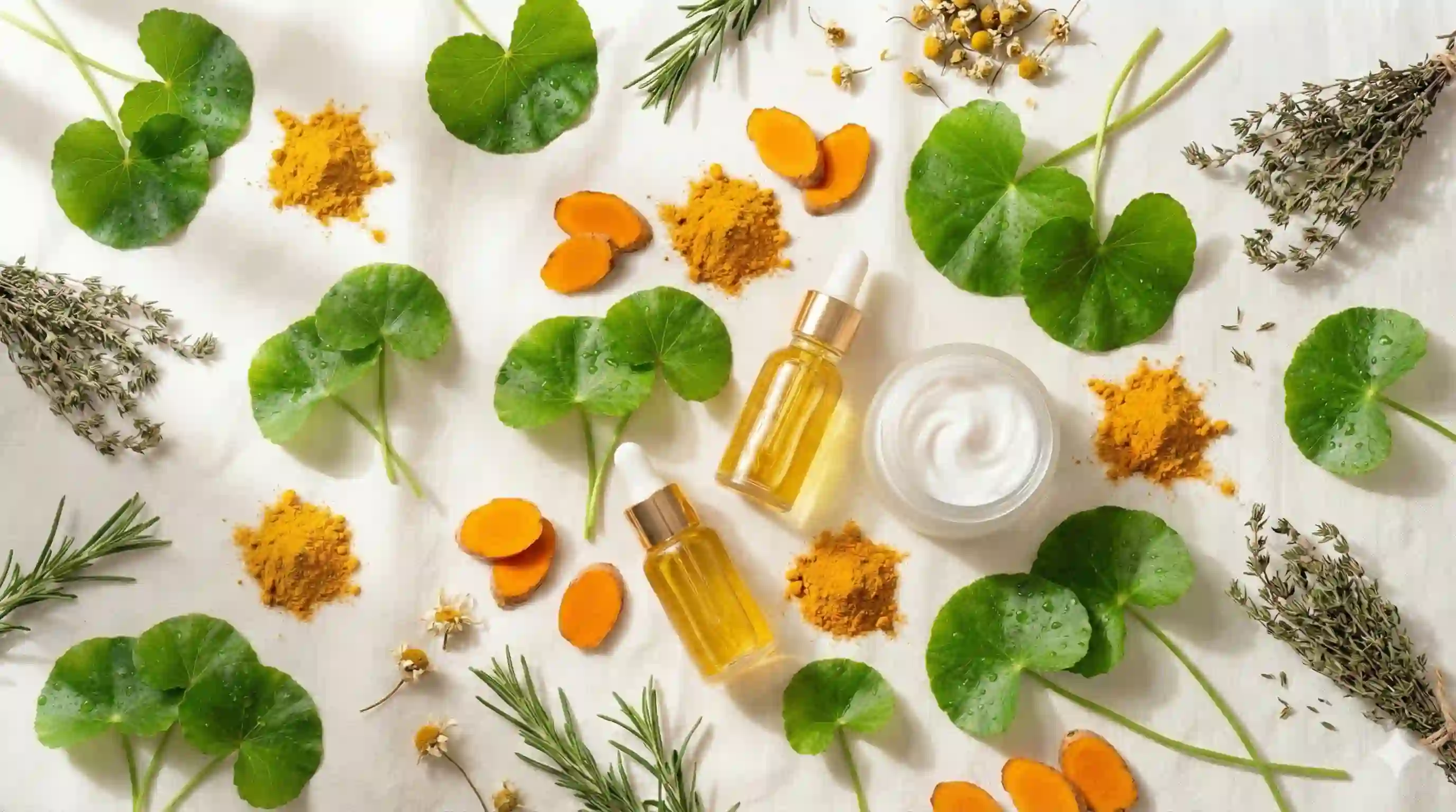 Organic skincare ingredients layout featuring turmeric roots, centella asiatica leaves, and herbal oils on a white cloth